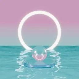 3D rendered scene with glowing ring and glass sphere on water surface, pastel gradient backdrop.