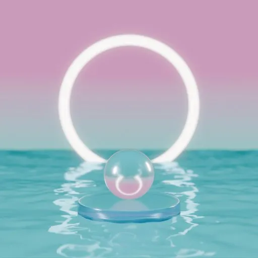 3D rendered scene with glowing ring and glass sphere on water surface, pastel gradient backdrop.