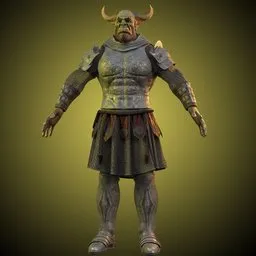 Detailed 3D Orc model with armor, optimized for animation and rigging, exhibiting good quad-flow and custom materials.