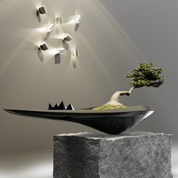 "Kasokudo Bonsai Planter - a modern twist on a traditional art form. This Blender 3D model features a bonsai tree in a sleek black bowl on a rock, with abstract surrealist elements such as monolithic granite spikes and defying gravity rocks. Perfect for adding a touch of artistic elegance to any interior design."