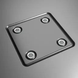 "Sci-fi square metal panel with circular lights emitting a monochrome CGI-style design. Highly detailed texture with smooth, rounded shapes and an isometric X-ray perspective. Created with Decal Machine in Blender 3D."