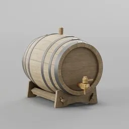Highly detailed Blender 3D model of a whiskey aging oak barrel with stand and tap, showcasing realistic textures and lighting.