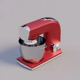 Detailed 3D model of a red food processor with silver accents, rendered in Blender.