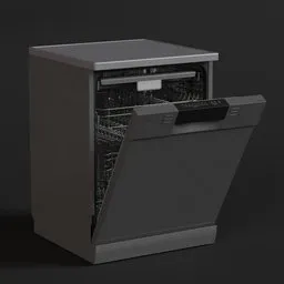 Realistic 3D dishwasher model with open door and racks, compatible with Blender for kitchen visualizations.