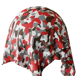 High-resolution PBR urban camo fabric texture for 3D modeling in Blender with red accents, ideal for realistic textile rendering.