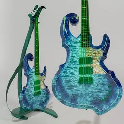 "Electric bass Joboline - Mr. greeny", a highly detailed 3D model created with Blender 3D software. Featuring a unique glass design with vibrant color lines that render radiosity and reflective lavender ocean water. This bass also has buttery sounding neon nylon strings and a turntable animation available on YouTube.