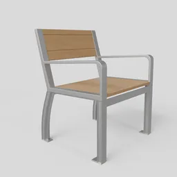 Detailed 3D rendering of modern chair for Blender, showcasing wood slats and metal frame.