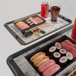 "3D model of a restaurant table scene featuring two trays of sushi and a CocaCola can, inspired by Tadashi Nakayama and Dorothy Coke. Created using Blender 3D software and boasting next-gen graphics with meat textures. Ideal for virtual installations and game engine projects, trending on CGstation."