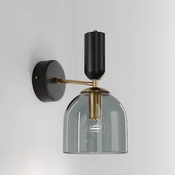 3D model of a modern wall-mounted light sconce with a clear glass shade and brass accents, compatible with Blender.
