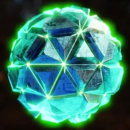 "Sci-Fi Alien Orb with green light, diamond texture and symmetrical portrait RPG avatar made with Geometry Nodes in Blender 3D. Ultra high detail, background megastructure and sparse floating particles add to the unique design of this 3D model in the sci-fi space category."
