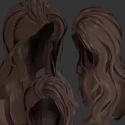 Detailed 3D modeled long female hair suitable for Blender rendering, with a mix of stylized and realistic textures.