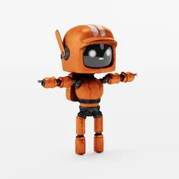 3D model of an orange robot with a helmet and digital face, designed in Blender, isolated on a white backdrop.