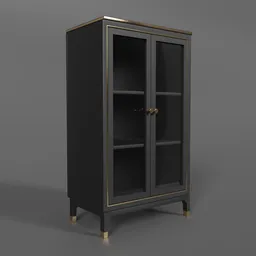"Stylish black and gold cabinet with nested glass doors and elegant Rococo design. Blender 3D model featuring separate parented doors. Vray shading and character standing for realistic display."