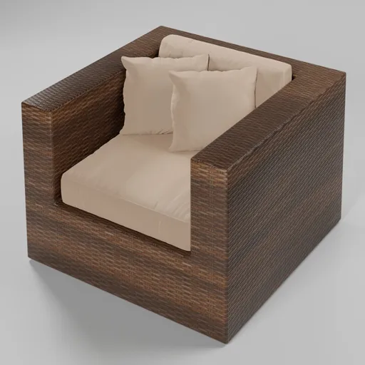 3D-rendered fiber armchair model with cushion for Blender, showcasing design and texture detail.