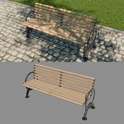 Optimized 3D model of a stylish wood and metal bench, suitable for Blender rendering, showing intricate details and realistic textures.