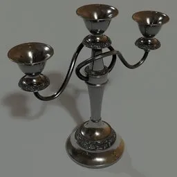 Detailed 3D rendering of an ornate silver candle holder with three curved branches for Blender modeling.