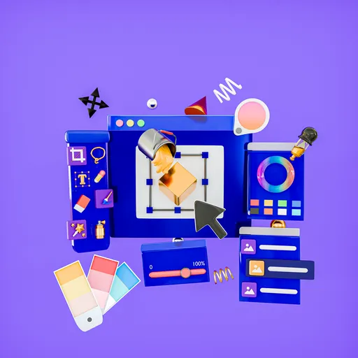 Vibrant 3D rendered UX/UI icon set with dynamic lighting on a purple backdrop.