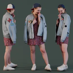 3D Blender model of joyful blonde in pink dress and blue jacket.