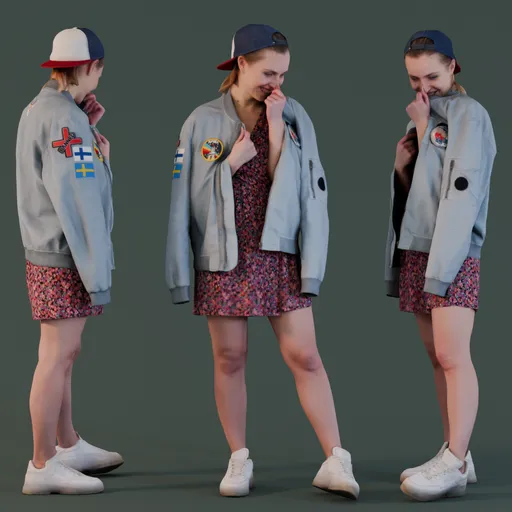 3D Blender model of joyful blonde in pink dress and blue jacket.