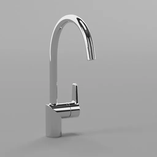 Detailed 3D blender model of a modern chrome kitchen faucet with a high arch and sleek design.
