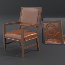 "Vintage-style Hadley Armchair 3D model with leather seat and back, wooden frame and accent backside for furniture category in Blender 3D software. Perfect for ranch-style homes inspired by Arlington Nelson Lindenmuth. Available as a video game asset file with stylized face, plush furnishings and Lumion rendering."