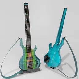 Detailed 3D model of glossy headless electric bass with strap and stand, optimized for Blender with customizable textures.