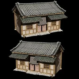 Detailed 3D rendering of an intricate Chinese wooden house wall, compatible with Blender.