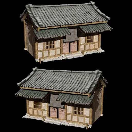 Detailed 3D rendering of an intricate Chinese wooden house wall, compatible with Blender.
