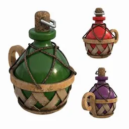 Detailed 3D medieval bottles, Blender render, showcasing trio of flasks with intricate textures and designs.