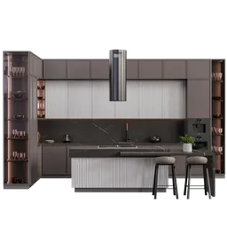 Detailed 3D rendering of a modern kitchen with stylish cabinets, bar stools, and appliances in Blender format.