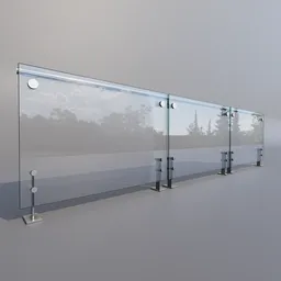 "Modular glass railing for Blender 3D with transparent visor and high reflectivity. Chemrail inspired design featuring smooth path based rendering and crisp detailing. 4.5 meter long and modular, with additional design variants available."
