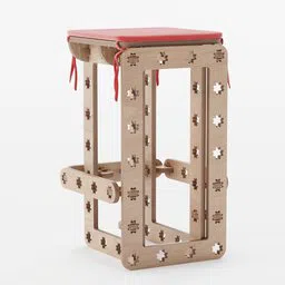 Intricate 3D model of a modular plywood bar stool with a red seat cushion, compatible with Blender 3D software.