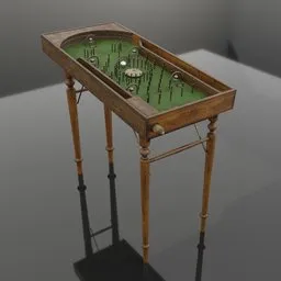 "Vintage French-style wooden pinball machine from the 1930s, modeled in Blender 3D. Perfect for programming in-game play and featuring steampunk-inspired electronic components. A unique addition to any virtual game room or exercise simulation."