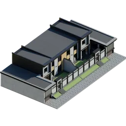 "Modern duplex house with garage and walkways, rendered in grey and dark theme. 3D model for Blender 3D by M3D, featuring solid massing and style of Kanagawa. FBX file format available for download."