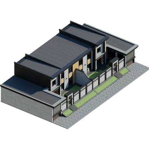 Isometric view of a modern duplex house 3D model with detailed exterior, suitable for Blender rendering.