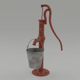 "Antique Water Pump 3D model for Blender 3D: A well-used, rusted water pump with a small metal bucket. This detailed exterior other category asset features a turn of the century design, perfect for historical or vintage-themed projects."
