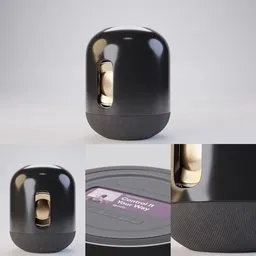 "Get the award-winning Mini Bluetooth Speaker 3D model for Blender 3D. This model features a black speaker with a gold knob and a gradient black to purple finish. Perfect for adding audio to your virtual environments."