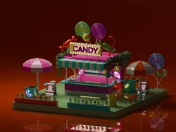 Detailed Blender 3D candy shop model with vibrant colors, low-poly style, and playful geometric design.