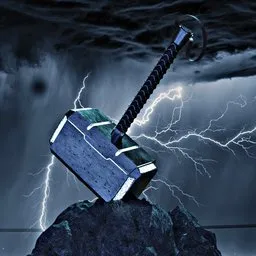 "Blender 3D Thor hammer model inspired by Norse mythology and Marvel movies, featuring lightning effects and glowing lights. Perfect for creating scenes of aggression and destruction. Official product image by Charles Thomson, with high-quality 3D graphics."