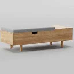 Realistic Blender 3D model of a modern wooden storage ottoman bench with grey cushion.