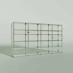 "USM Modern glass long shelf, a design by USM Haller, featured in Blender 3D. This 3D model showcases a stunning glass shelf with multiple shelves, combining glass and metal elements. Perfect for adding a touch of contemporary elegance to any virtual space."