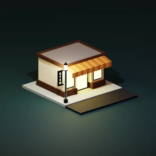 Low poly 3D Blender model of a small storefront with awning, illuminated interior, and streetlamp.
