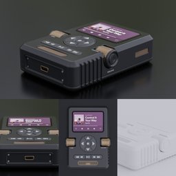 Detailed Blender 3D render of a modern portable music player with interface and buttons, USB-C port, in black with purple screen.