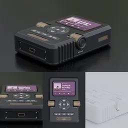 "Digital portable music player concept in realistic detail, created with Blender 3D software. Includes a remote control and rugged design, featured on Dribbble and inspired by Mustafa Rakim. Perfect for photorealistic music album covers and 2dcg designs."