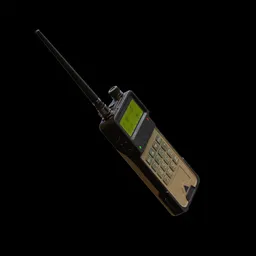 "3D model of a military radio with LCD screen and texture, created in Blender 3D. Features include radios, broken antenna, and large opaque visor, with a solid dark background for isolation. Perfect for video game design or industrial banners."