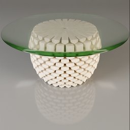 "Pinha Center Table: A wooden modular base with a glass top table for Blender 3D models. Unique and detailed design featuring dark green glass and an intricate ashtray, perfect for modern interiors. Trending on artbreeder and featured on 99designs."