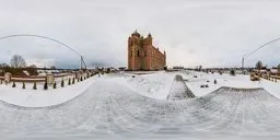 360-degree HDR panorama of a snowy courtyard with church for realistic scene lighting.