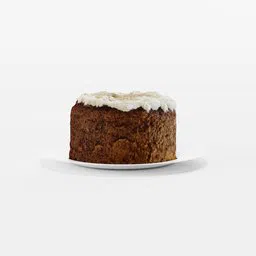 High-quality 3D render of a carrot cake with cream frosting, optimized for Blender, isolated on a white plate.