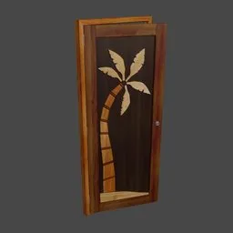Realistic wooden 3D model door with palm tree design, optimized for Blender rendering.