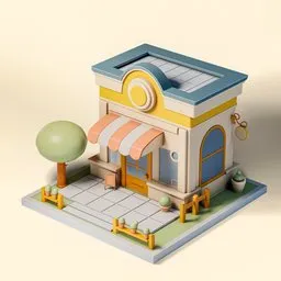 Charming stylized Blender 3D model of a two-story building with awning and quaint details.